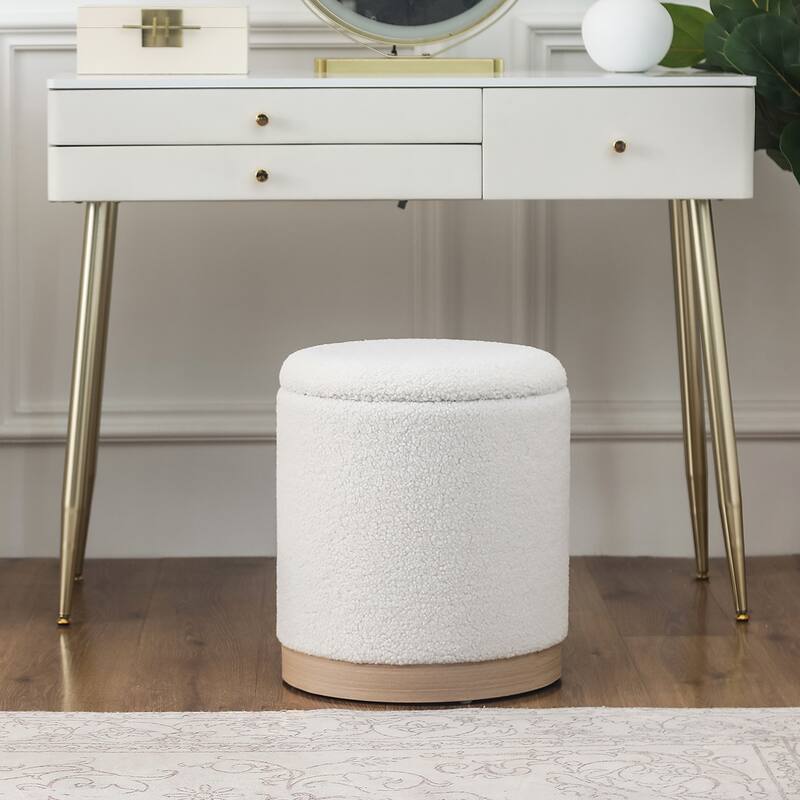 Adeco Velvet Round Storage Stool Gold Plating Base Storage Ottoman