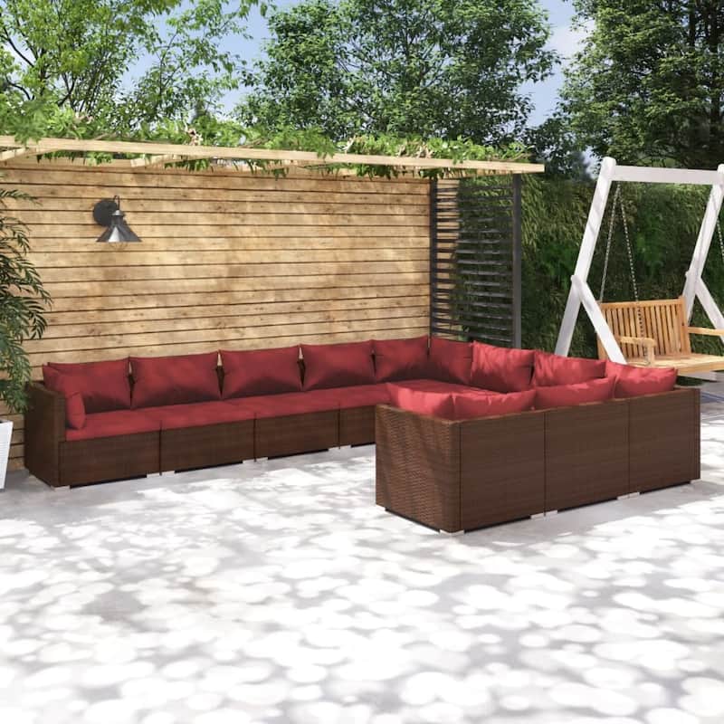 vidaXL Patio Lounge Set with Cushions Poly Rattan Brown - 27.6" x 27.6" x 24" - 27.6" x 27.6" x 24" - Brown 10 x Seat cushion