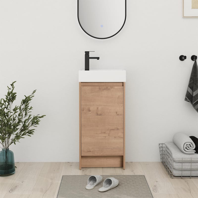 Bathroom Vanity With Sink In 16/18 Inch, Freestanding Bathroom Vanity With Soft Close Door - 16.1"W x 8.9"D x 33.5"H - Imitative Oak