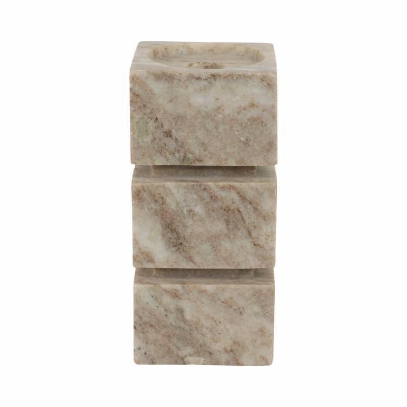 Stone and Marble Stacked Cubes Pillar Candle Holder Modern Glam Style - 4" x 4" x 8"
