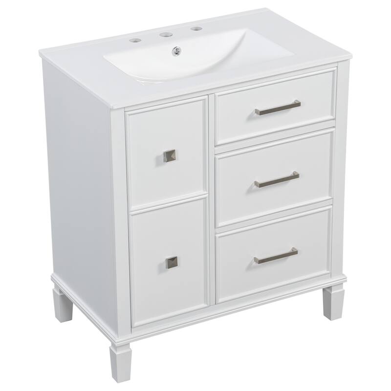 30" Bathroom Vanity with Ceramic Sink, Flip-Out Drawer, Soft Close Doors & Drawers Cabinet with Solid Wood Legs
