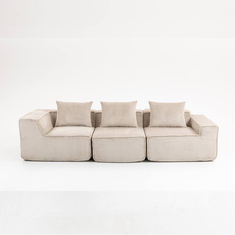 Modular Sectional Sofa with Pillows, Corduroy Upholstered 3-Seater Sofa, All-Compressed Foam Sofa for Living Room, Apartment