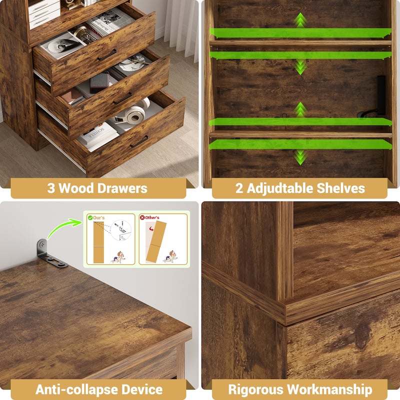 6-Tier 23.6'' Display Cabinet with Charging Station and Drawers, Bookcase Storage Shelf Kitchen Pantry