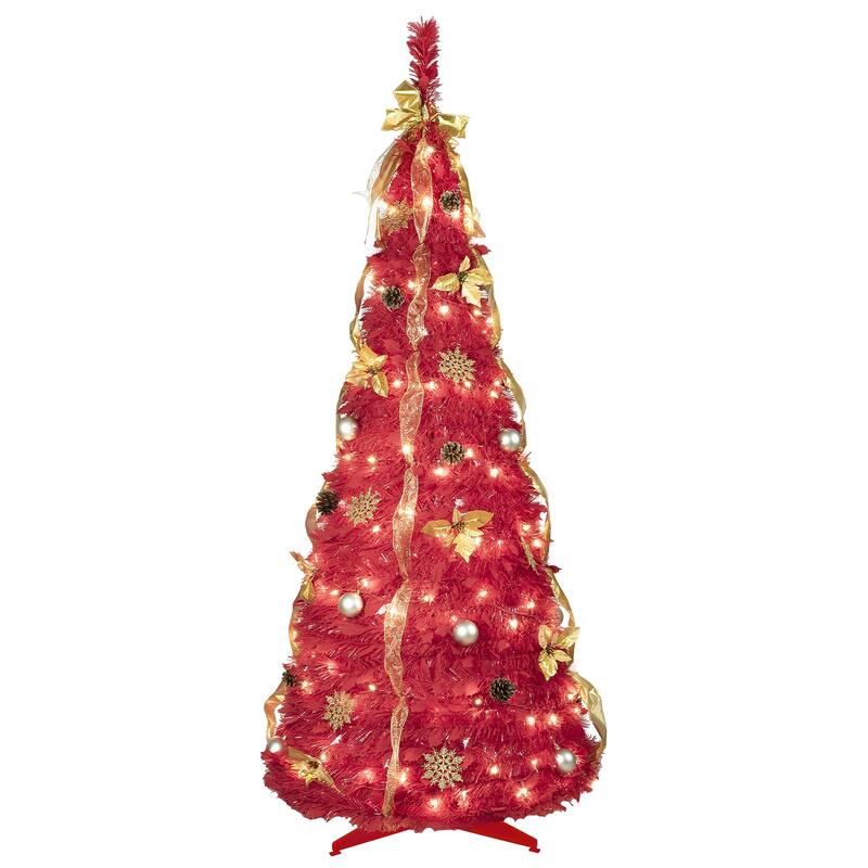 Pop-Up Christmas Tree with 150 Warm White UL Lights - Pre-Decorated with Red & Gold Ornaments, Flowers, Ribbons & Bows