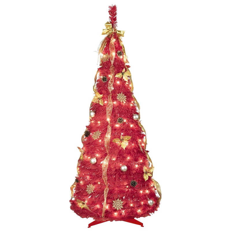 Pre-Lit Red Pop-Up Christmas Tree - Ornaments Included, Easy Assembly, Space-Saving