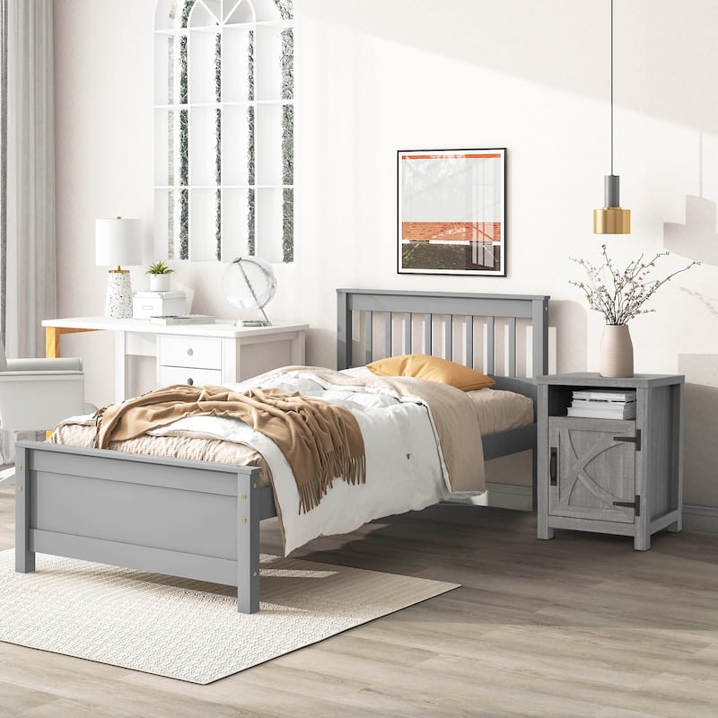 Farmhouse Grey Barn Door Nightstand Bedside Table Set of 2 with Open Compartment