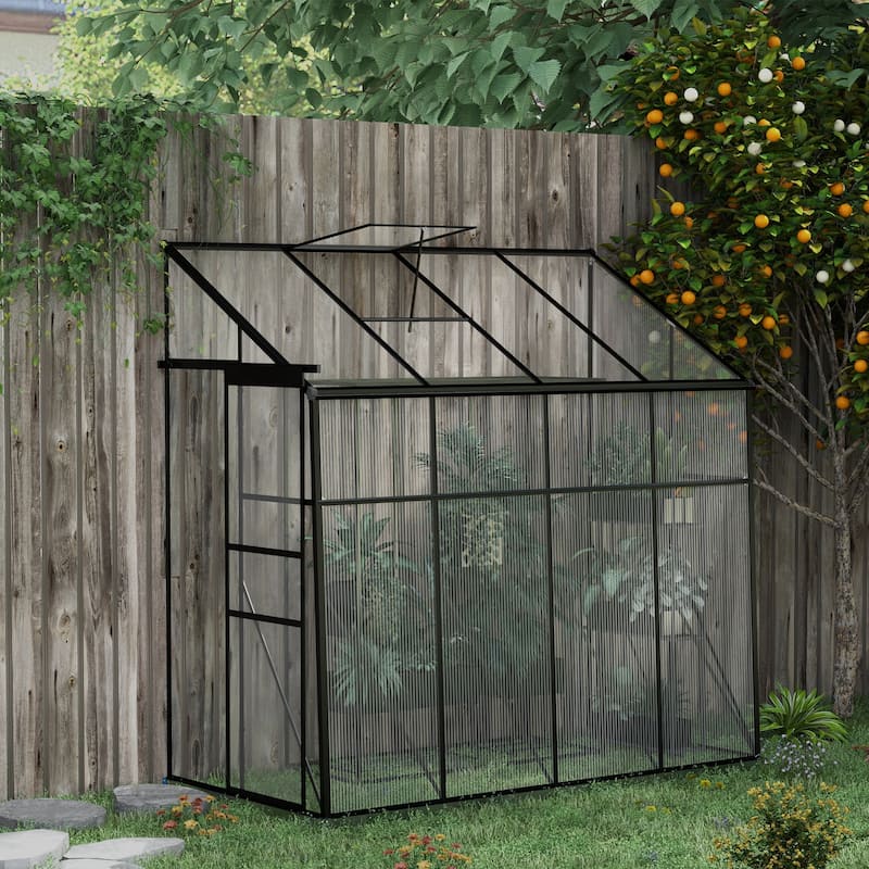 Outsunny 8' x 4' Lean-to Polycarbonate Greenhouse, Walk-in Hobby Green House with Sliding Door, 5-Level Roof Vent, Rain Gutter - Plastic/Aluminum