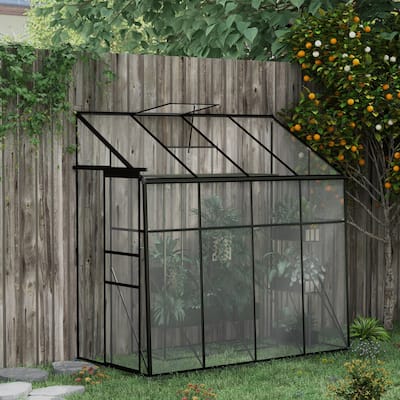 Outsunny 8' x 4' Lean-to Polycarbonate Greenhouse, Walk-in Hobby Green House with Sliding Door, 5-Level Roof Vent, Rain Gutter