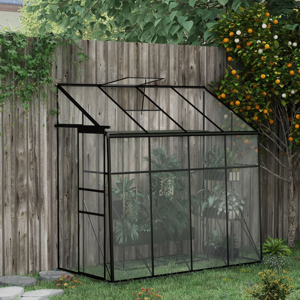Outsunny 8' x 4' Lean-to Polycarbonate Greenhouse, Walk-in Hobby Green House with Sliding Door, 5-Level Roof Vent, Rain Gutter