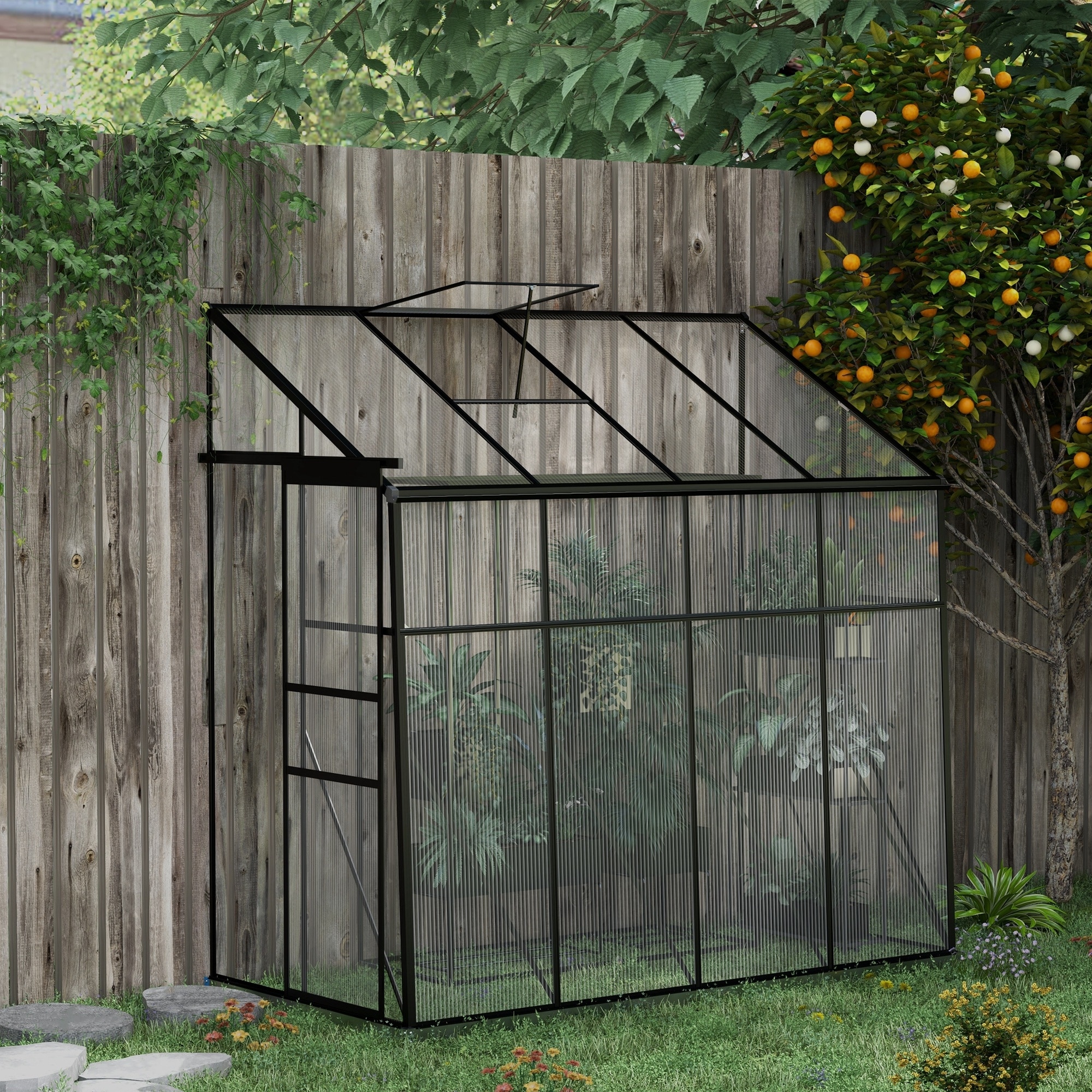 Outsunny 8' x 4' Lean-to Polycarbonate Greenhouse, Walk-in Hobby Green House with Sliding Door, 5-Level Roof Vent, Rain Gutter
