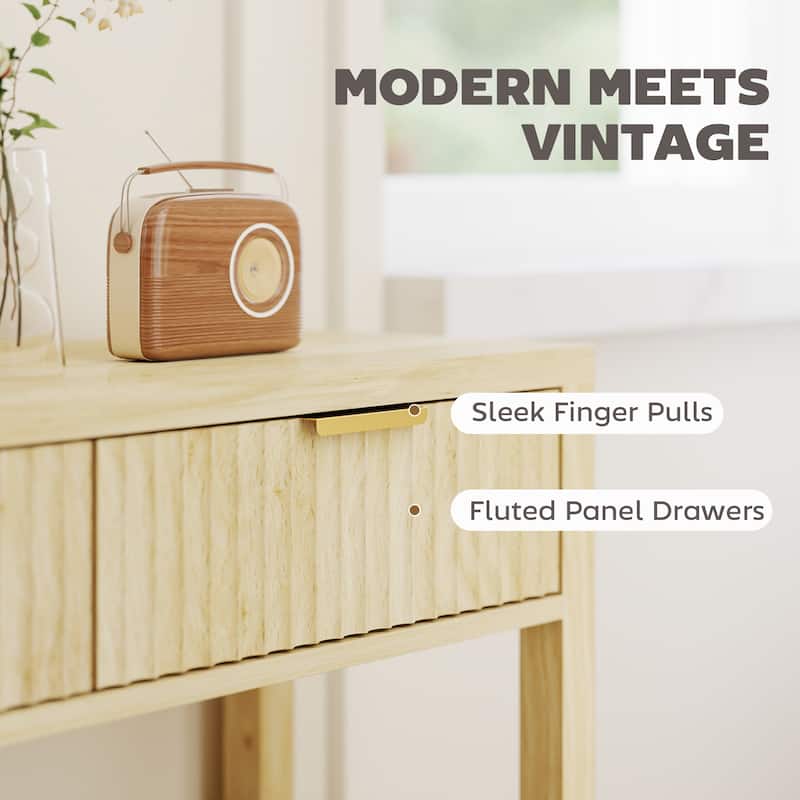 HOMCOM 35" Modern Console Table with Storage, Narrow Entryway Table with Fluted Panel Drawers and Shelf for Hallway,Natural Wood
