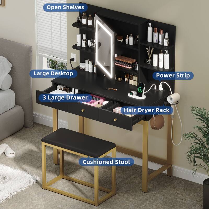 Moasis 39.3" Wide Makeup Vanity Set with Lighted Mirror & Power Outlet