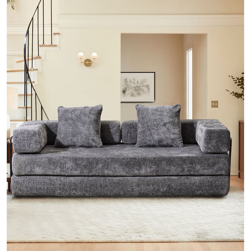 Modern Minimalist Compressed Upholstered Convertible Two-Seater Sofa Bed with External Metal Frame - Dark Grey Chenille