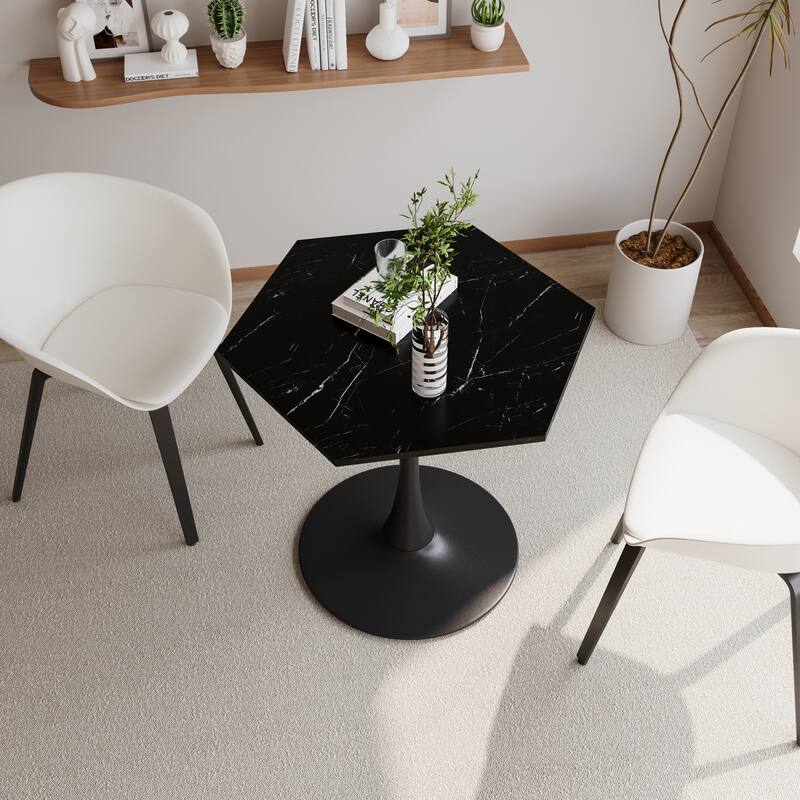 31.50"Modern Hexagonal Coffee Table with Printed Marble Table Top,Metal Base, for Dining Room, Kitchen, Living Room