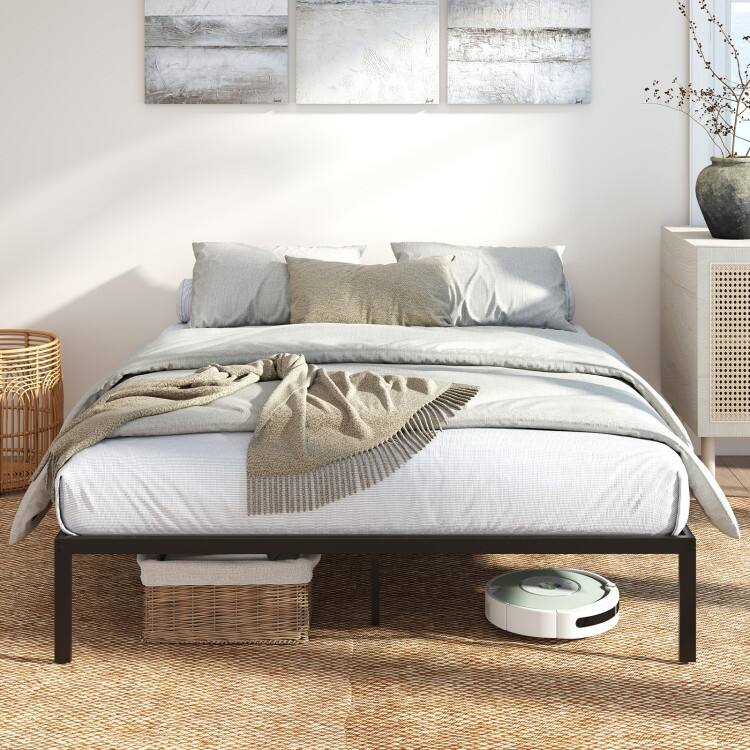 Black Metal Platform Bed Frame with Storage Space and Noise-Free Design