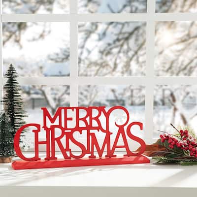 Glitzhome 18"L Wood Metal MERRY CHRISTMAS Word Sign Table Decor