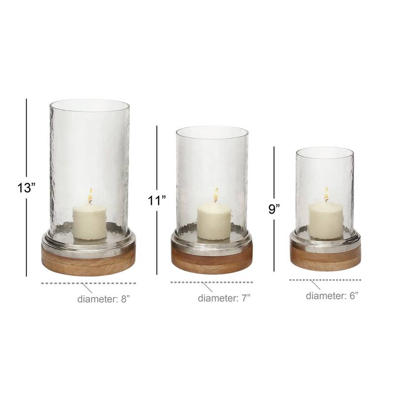 Brown Wood Pillar Hurricane Lamp with Glass Candle Holders (Set of 3)