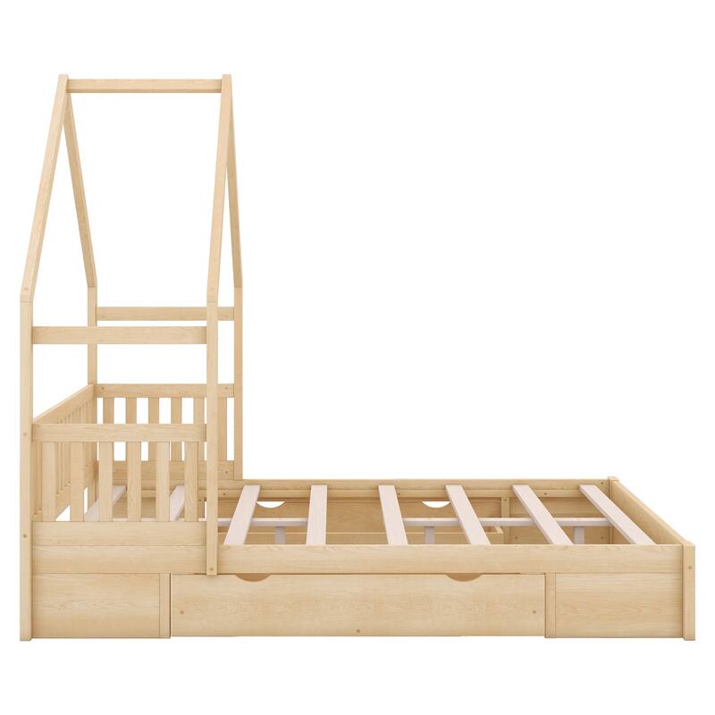 Wood Queen Size House Platform Bed with Guardrail and 2 Drawers