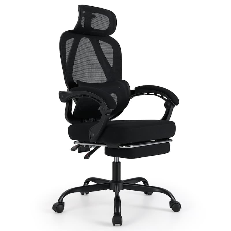 Ergonomic Mesh Office Chair with Reclining Backrest Footrest Adjustable Headrest and Lumbar Support Black Swivel Computer Chair