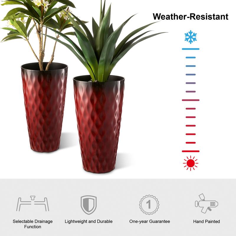 Glitzhome 23.75"H Set of 2 Oversized Wavy Texture Cobalt Blue/Turquoise/Red Tall Plastic Planter