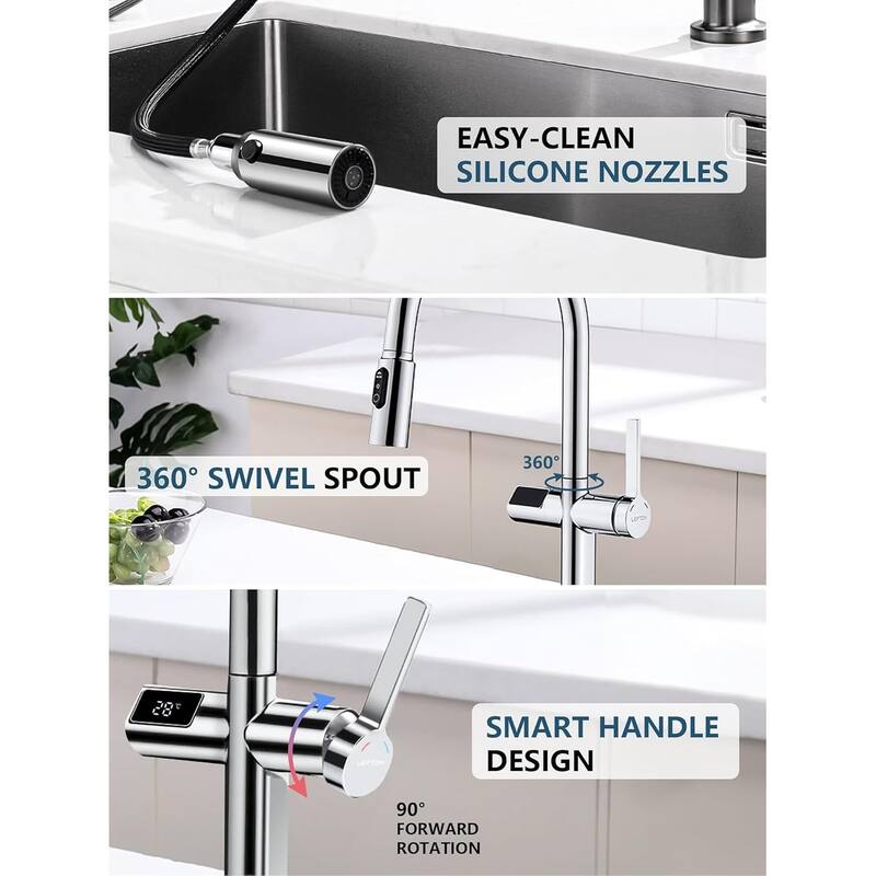 Lefton Touchless Pull-Out Kitchen Faucet, Hands Free Motion Sensor Activated, Battery-Free Temperature Display, KF2206