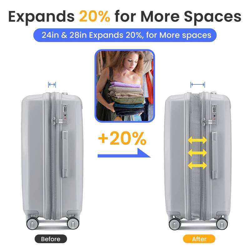 4-Piece, 14/20/24/28-Inch Modern Lightweight Luggage Expandable Luggage with Spinner Wheels, for Boarding Travel, Silver