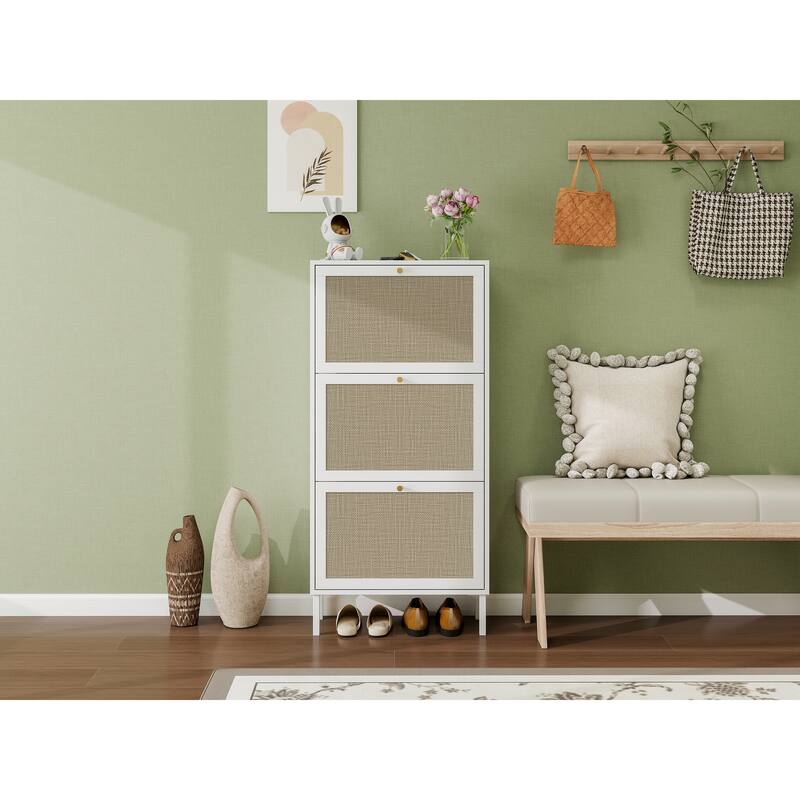 Shoe Storage Cabinet with 3 Flip Drawers, Freestanding 3-Tier Shoe Rack, Slim Shoe Organizer with Half Round Woven Rattan Doors
