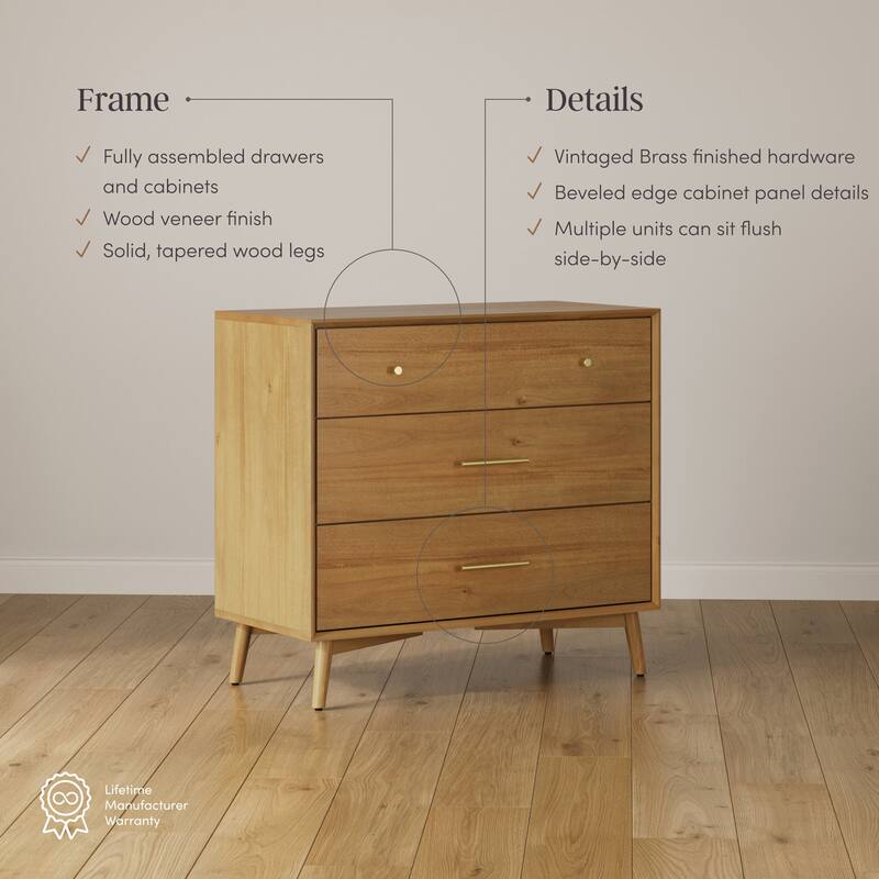 Harper Mid Century Modern Dresser, Solid Wood Dresser for Bedroom with 3 Drawers and Metal Drawer Pulls