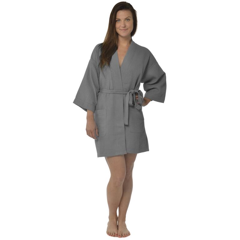 Leisureland Women's 36-inch Waffle Weave Kimono Bath Robe - Grey
