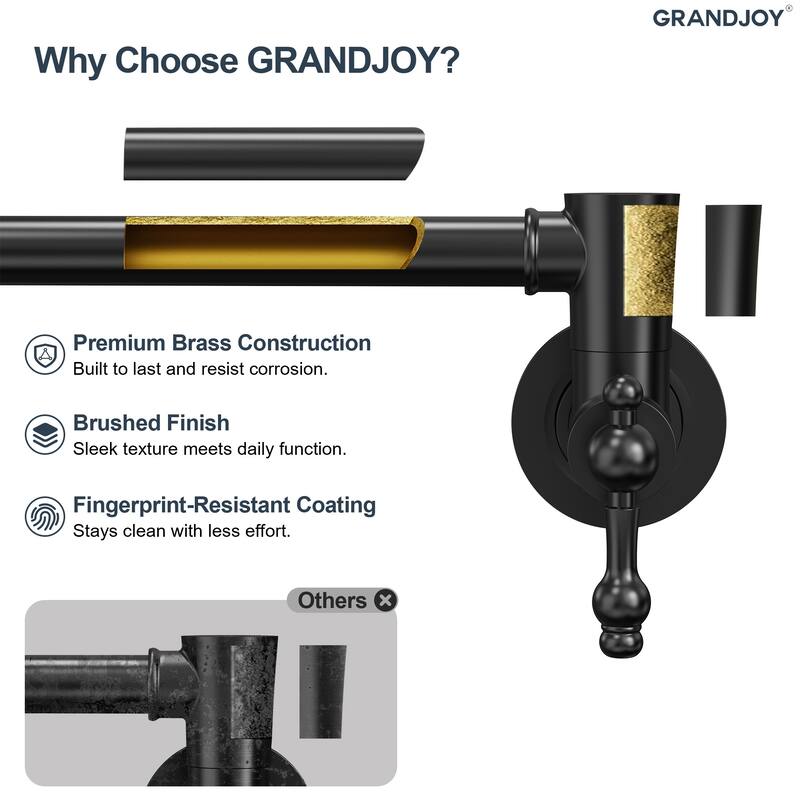 GRANDJOY Wall‑Mount Pot Filler Faucet with Dual Handle Control,High Flow Cold Water Faucet for Stove, Foldable Design