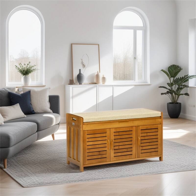 Bamboo Shoe Bench with Seating Cushion and Hidden Compartment - Brown