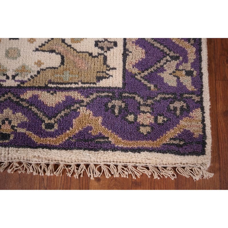Ivory & Purple Oushak Indian Runner Rug Hand-Knotted Wool Carpet - 2'8"x 10'1"