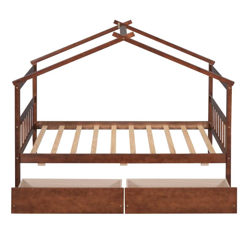 Twin Size Wooden House Bed with Drawers, Kids House-Shaped Daybed with Roof and Storage, Pinewood Frame, No Box Spring Needed