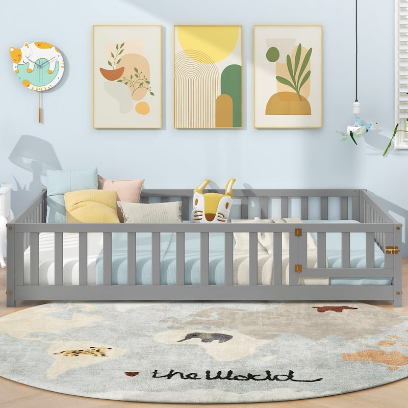 Montessori Floor Bed Frame with Full-length Guardrails Safety Door and Plywood Slats