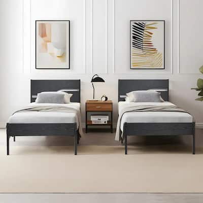 VECELO 2 Pack Twin Size Kids Bed Industrial Platform Bed Frame with MDF Curved Cutout Headboard Twin Size Bed Set of 2