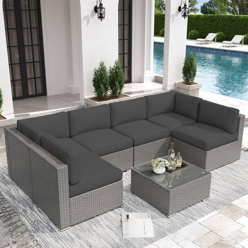 7 Piece Outdoor Patio Furniture Set Grey/Black Wicker Conversation Sectional Sofa Set with Coffee Table and Cushions - Grey/Dark Grey