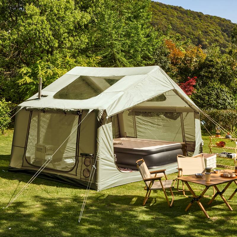 Erommy Inflatable Camping Tent, Glamping Tents 4 Season Waterproof Windproof Cotton Tent with Stove Jack & Mesh Windows & Pump
