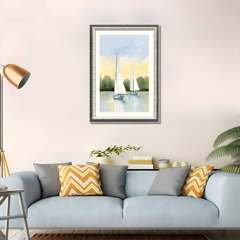 Set of 2 Sailboat Framed Wall Art - Replaceable Canvas Prints with Solid Wood Picture Frames, Nautical Wall Decor - Green,Pink