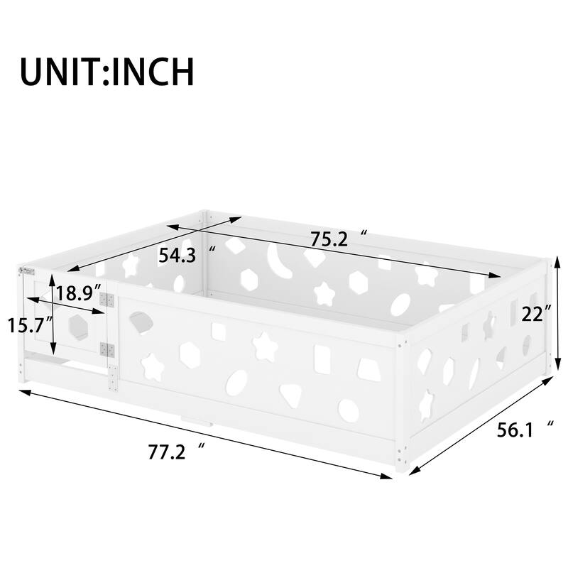 Solid Wood Montessori Floor Bed Frame without Slats, Wooden Geometric Shaped Floor Bed with Fence and Door