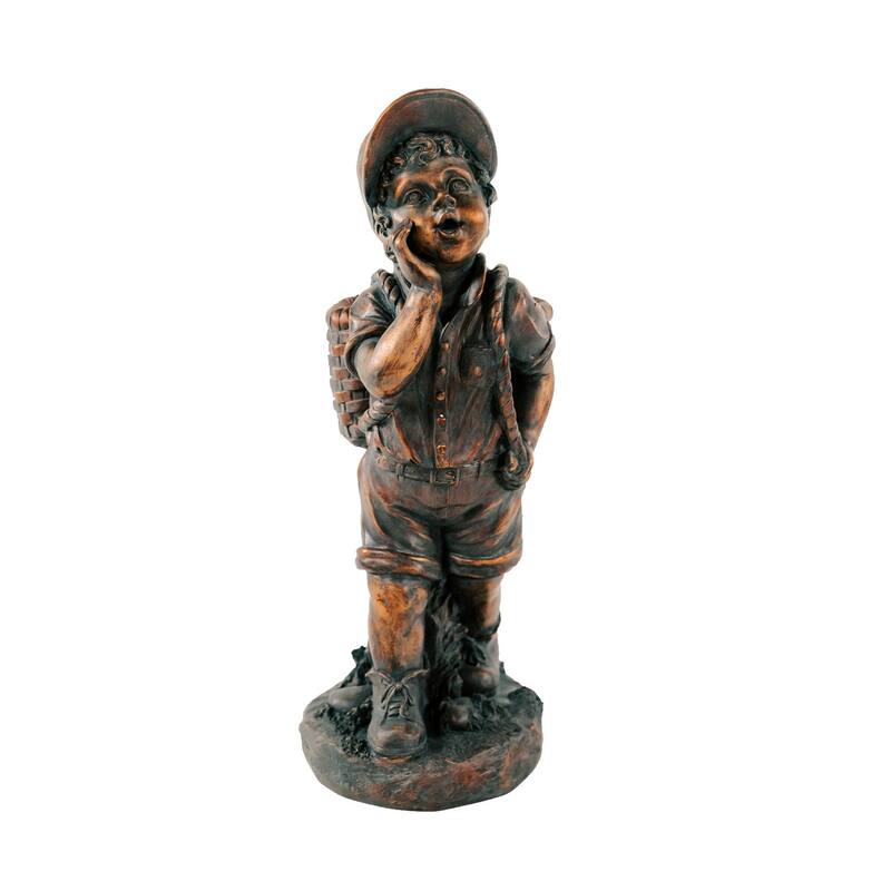 XBrand 24" H Faux Bronze Magnesium Oxide Walking Boy Garden Statue w/Small Flower Plant Pot, Natural Design Sculpture