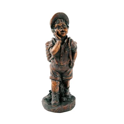 XBrand 24" H Faux Bronze Magnesium Oxide Walking Boy Garden Statue w/Small Flower Plant Pot, Natural Design Sculpture