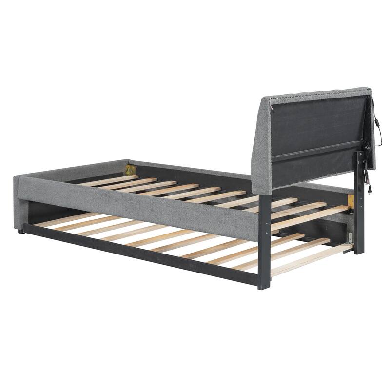 Cozy Twin Upholstered Platform Bed with LED Lights, Stripe Headboard, and Trundle for Extra Sleeping Space