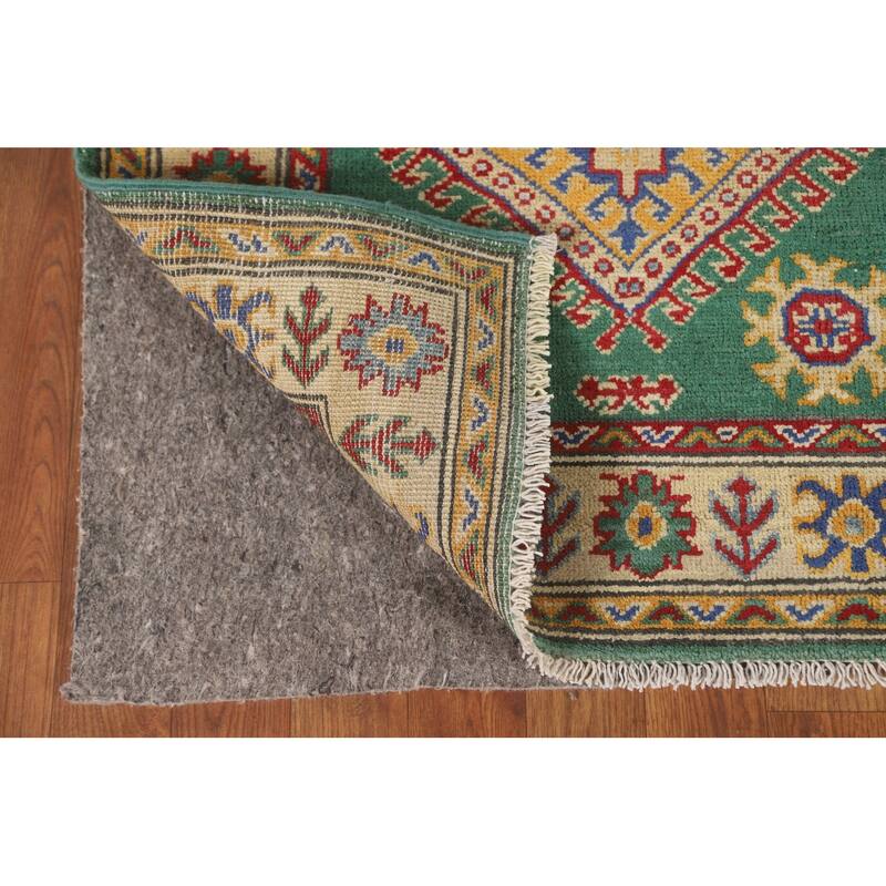 Green Geometric Kazak Runner Rug Handmade Wool Carpet - 2'8" x 16'2"