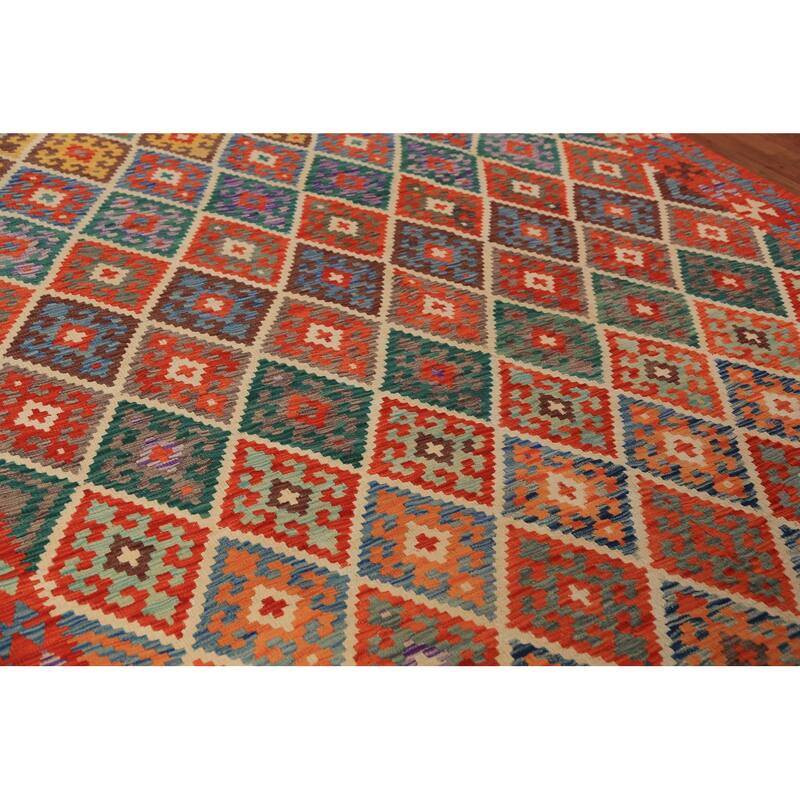South Western Style Kilim Oriental Rug Flatweave Orange Wool Carpet - 8'3"x 9'11"