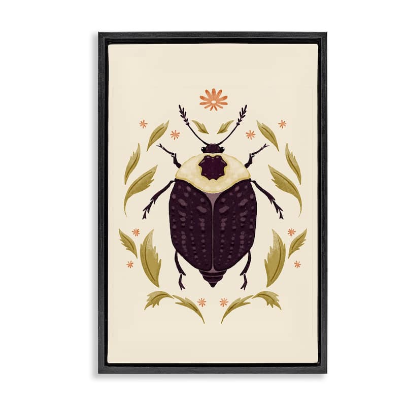 Stupell Black Beetle with Leaves Framed Floater Canvas Wall Art Design By Hannah Moren - 21 x 31 - Black