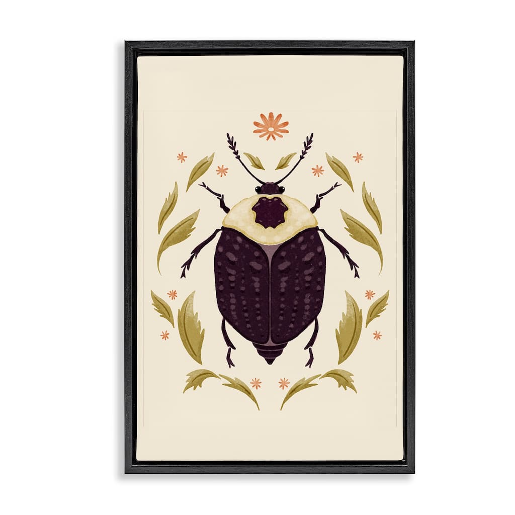 Stupell Black Beetle with Leaves Framed Floater Canvas Wall Art Design By Hannah Moren
