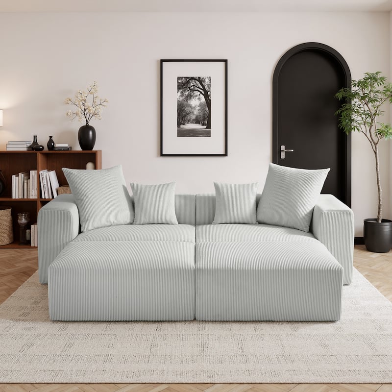 81"W No Assembly Corduroy Modular Sectional Sofa with Ottoman - Light Grey