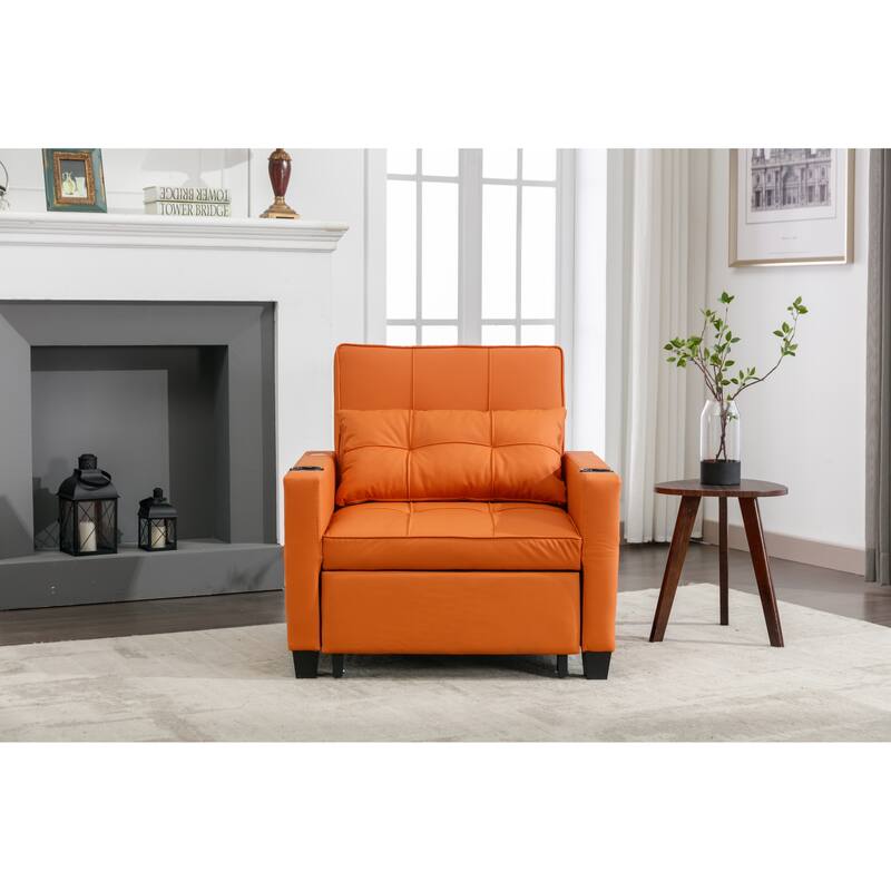 Leather Futon Armchair Bed with USB, Cup Holders & 3-Position Backrest