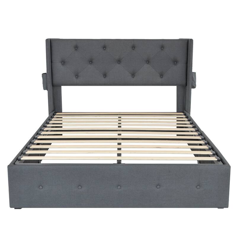 Full Size Bed Frame with Gas Lift Storage Bed and USB Ports - Dark Grey