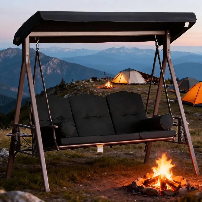 GDFStudio - 3-Seat Patio Swing Chair with Tiltable Canopy and Side Trays